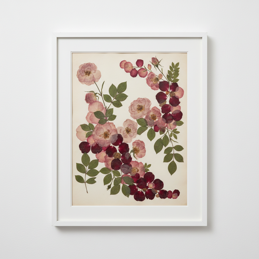 다양한 색상의 꽃잎과 나뭇잎을 이용한 압화 작품. 섬세한 색감과 배치가 돋보이는 프레임 작품