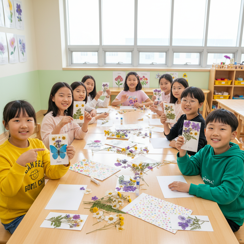 문화센터 압화 수업 현장. 다양한 연령대의 수강생들이 각자의 작품을 만들고 있는 모습