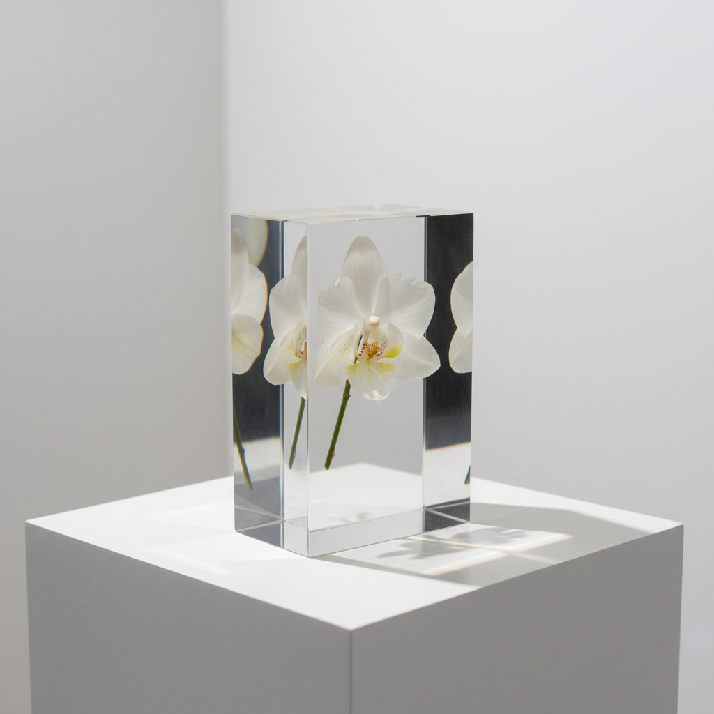 투명 식물 표본 기술로 제작된 난초 작품. 식물의 세포 구조까지 투명하게 보이는 혁신적 기법