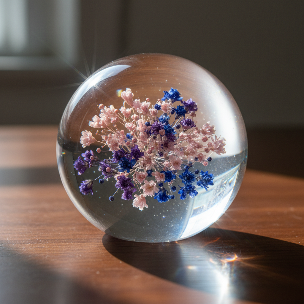 투명 식물 표본으로 제작한 단풍잎 시리즈. 잎맥의 섬세한 구조가 크리스탈처럼 투명하게 표현됨