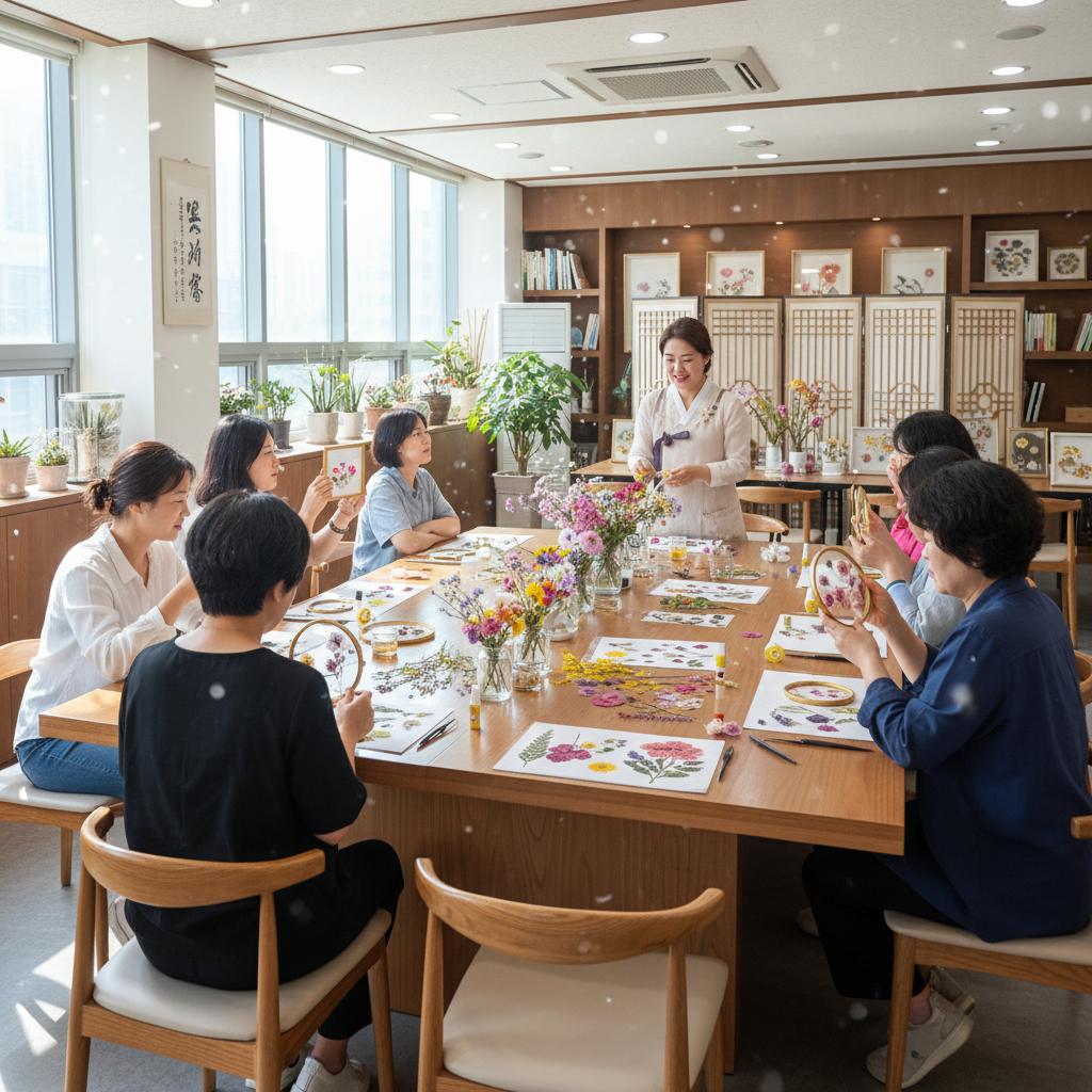 장애인 압화 교육 현장. 이진선 대표가 수강생들에게 압화 기법을 지도하는 모습